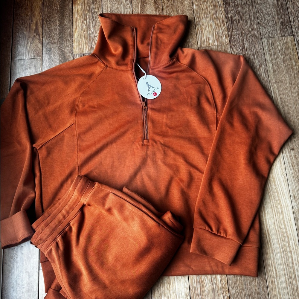 Rust Orange Quarter-Zip Pullover and Pants Set